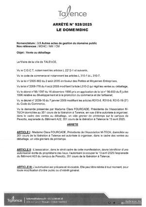 Arrêté 928 2025 Vente Au Déballage Le 13 04 2025 Au Campus Peixotto Bât A22 Publié Le 25 03 2025