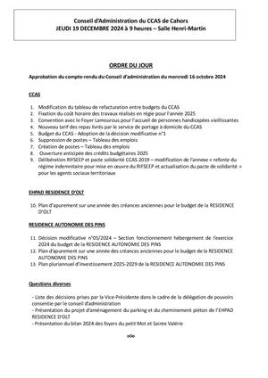 Conseil d’Administration du CCAS de Cahors Jeudi 19 décembre 2024
