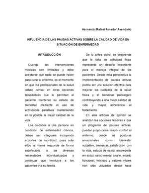 INFLUENCIA DE LAS PAUSAS ACTIVAS SOBRE LA CALIDAD DE VIDA EN SITUACIÓN DE ENFERMEDAD