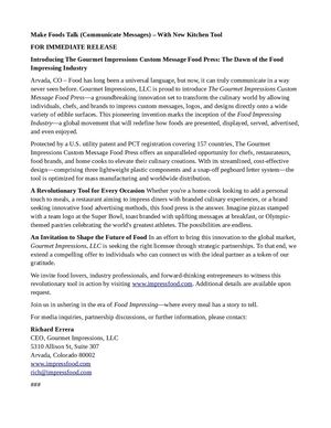 Press Release Make Foods Talk Communicate Messages – With New Kitchen Tool