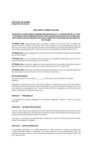 Reglement numéro 2025 286 modifiant le Règlement 2024-283 relatif à l'imposition de la taxe foncière