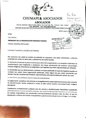 Carta Que Envia Kailasa A Dirigente Se Pakkiru