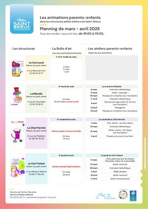 Planning Animations Parents-Enfants Mars-Avril 2025