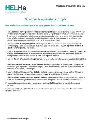 Titre D'accès Aux éTudes De 1er Cycle Helha