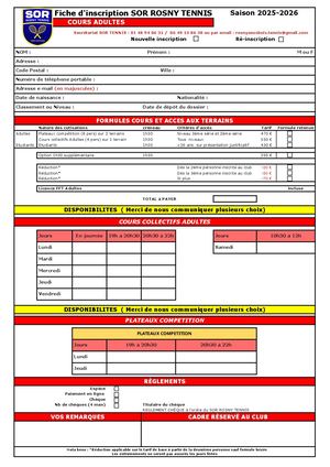 Fiche Inscription Cours Adultes 2025 2026