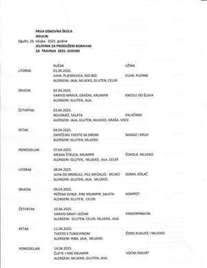 Jelovnik Travanj 2025 Produženi Boravak