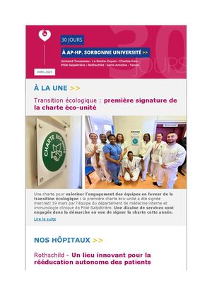 30 Jours à Ap Hp Sorbonne Université Avril 2025 Charte éCo Unité, Auto Rééducation, Pears, éDucation Thérapeutique, Endométriose, Mars Bleu, éGalité Professionnelle