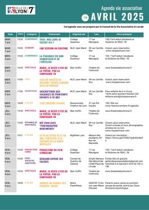 Agenda avril 2025 de la Vie Associative Lyon 7