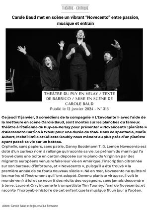 Article sur la pièce Novecento mise en scène par Carole Baud