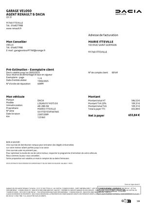 AR DEL 106 2025 Annexe Bon De Commande VELOSO Réparation Dacia Immatriculé AB 208 XW