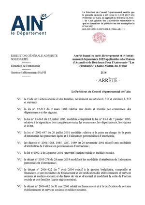 Arrêté Fixant Les Tarifs Hébergement Et Le Forfait Mensuel Dépendance 2025 Applicables à La Maison D'Accueil Et De Résidence Pour L'Autonomie Les Fritillaires à Saint Martin Du Fresne