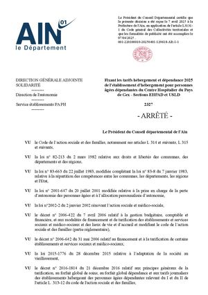 Fixant Les Tarifs Hébergement Et Dépendance 2025 De L'établissement D'hébergement Pour Personnes âgées Dépendantes Du Centre Hospitalier Du Pays De Gex - Sections EHPAD Et USLD
