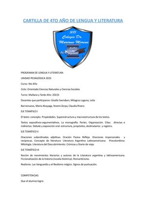 Cartilla 4to Año Lengua Y Lit 2023