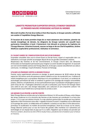 Lamotte Promoteur, supporter officiel du bateau Energy Observer - 12 juillet 2017