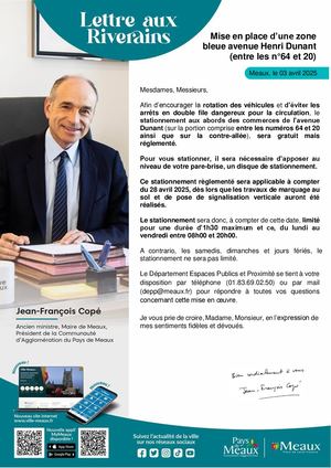 Lettre aux riverains : Mise En Place Zone Bleue Avenue Dunant à Meaux