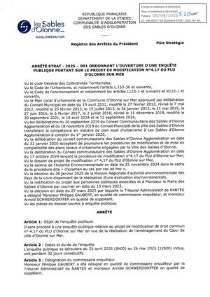 Arrete ouverture enquete publique PLU coeur ville Olonne