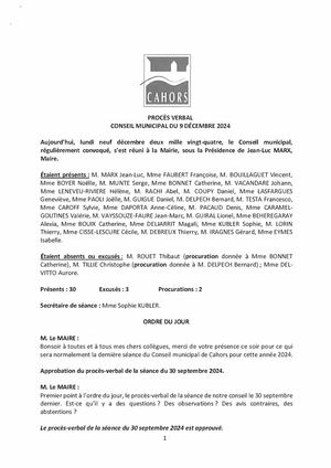Procès verbal du conseil municipal - Séance du 9 décembre 2024