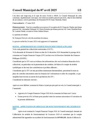 Compte-rendu du Conseil Municipal du 07 Avril 2025
