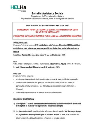 Renseignements pratiques pour l'examen d''entrée d'Assistant-e Social-e 2024–2025