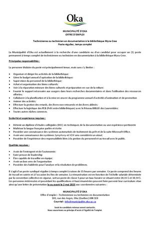 2025-04-10 - Technicienne ou technicien en documentation à la bibliothèque Myra-Cree