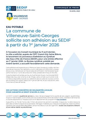 Communiqué de presse | Eau potable : la commune de Villeneuve-Saint-Georges sollicite son adhésion au SEDIF à partir du 1er janvier 2026