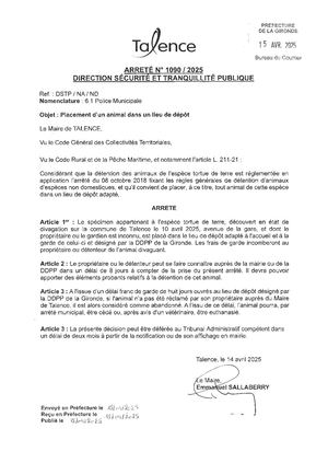 ARRETE 1090-2025 - PLACEMENT D'UN ANIMAL DANS UN LIEU DE DEPOT
