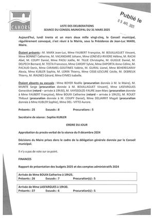 Séance du conseil municipal du lundi 31 mars 2025