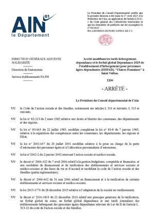 Arrêté Modifiant Les Tarifs Hébergement, Dépendance Et Le Forfait Global Dépendance 2025 De L'établissement D'hébergement Pour Personnes âGées Dépendantes (Ehpad), Claires Fontaines à Saint Vulbas
