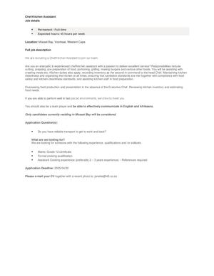 Assistant Chef position - April 2025