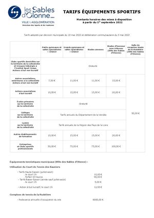 Tarifs des équipements sportifs