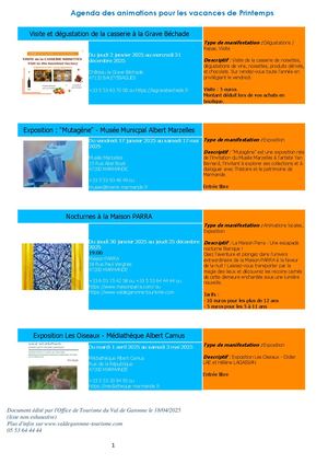 Agenda des animations pour les vacances de printemps