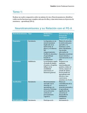 Neurotransmisores - cuadro comparativo