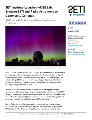 SETI Institute Launches ARISE Lab, Bringing SETI and Radio Astronomy to Community Colleges