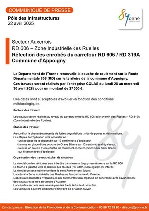 Réfection des enrobés du carrefour RD 606 / RD 319A Commune d’Appoigny