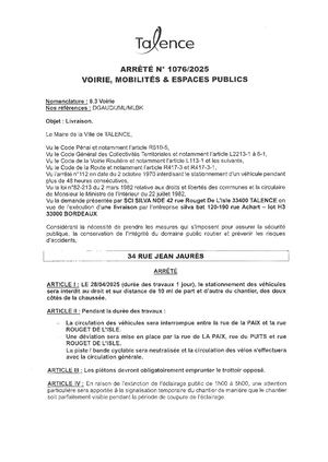 Arrete 1076-2025 - Interdiction De Stationner Au Droit 34 Rue J Jaures Le 28 04 2025 Tx Pubilé Le 22 04 2025