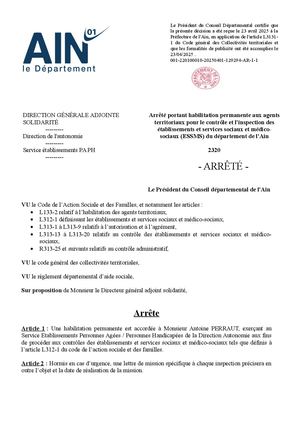 Arrêté Portant Habilitation Permanente Aux Agents Territoriaux Pour Le Contrôle Et L'inspection Des établissements Et Services Sociaux Et Médico Sociaux (ESSMS) Du Département De L'Ain M. PERRAUT