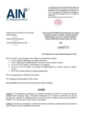 Arrêté Portant Habilitation Permanente Aux Agents Territoriaux Pour Le Contrôle Et L'inspection Des éTablissements Et Services Sociaux Et Médico Sociaux (Essms) Du Département De L'ain Mme Moulin