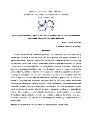 PROCESOS DE COMUNALIZACIÓN EN LA GESTIÓN PARA LA ESCUELA BOLIVARIANA INCLUSIVA, PRODUCTIVA Y AMBIENTALISTA
