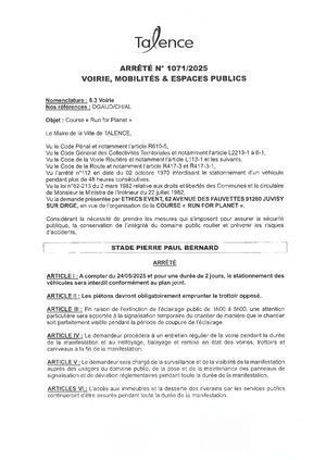 Arrete 1071-2025 - Interdiction De Stationner Stade Pp Bernard A Compter Du 24 05 2025 (2j) Course Publié Le 24 04 2025