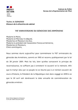 Discours 24 Avril 2025 - Commémoration Génocide arménien