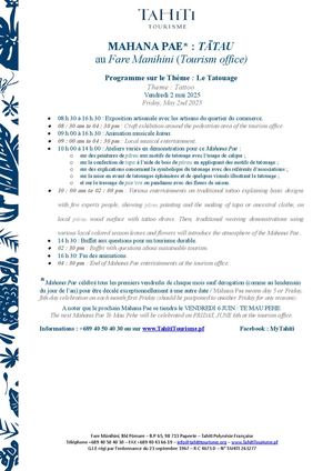 Programme Mahana Pae Te Tatau Vendredi 2 Mai 2025