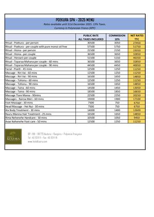 2025 - Hotel Kia Ora - Spa - AGV Tarifs Net TTC