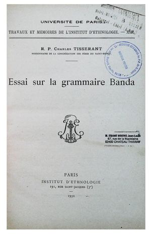 Essai Sur La Grammaire Banda, Par R. P. C. Tisserant, 1930, ( CSSP ), ( PROV. JL-EM )