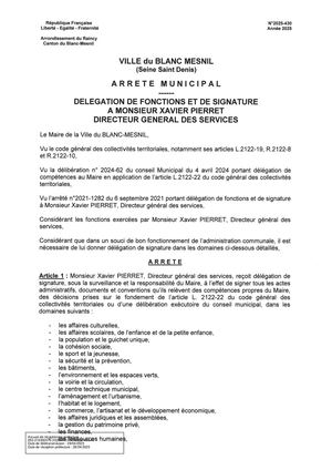 Arrêté N°2025 430 Délégation De Fonctions Et De Signature à Monsieur Xavier Pierret  Directeur Général Des Services