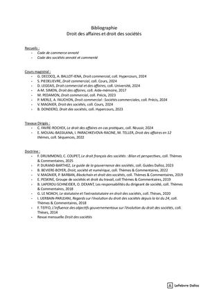 Droit des Affaires Et Sociétés - Liste Bibliographique - 2025