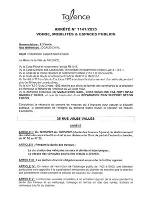 Arrete 1141-2025-Interdiction De Stationnement 28 Rue Jules Valles Du 12 Au 16-05-2025-Publié Le 29 04 2025