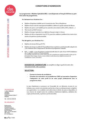 Conditions d'admission Mastères Spécialisés et tarifs pour rentrée