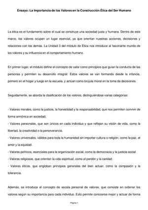 Ensayo Valores Etica