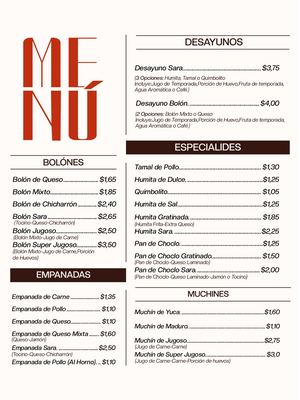 Menú Sara Cafetería Tradicional