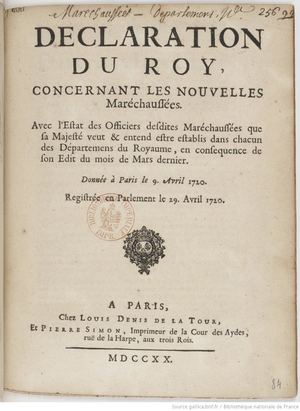 1720 04 09 Declaration Du Roy Concernant Les Nouvelles Maréchaussées